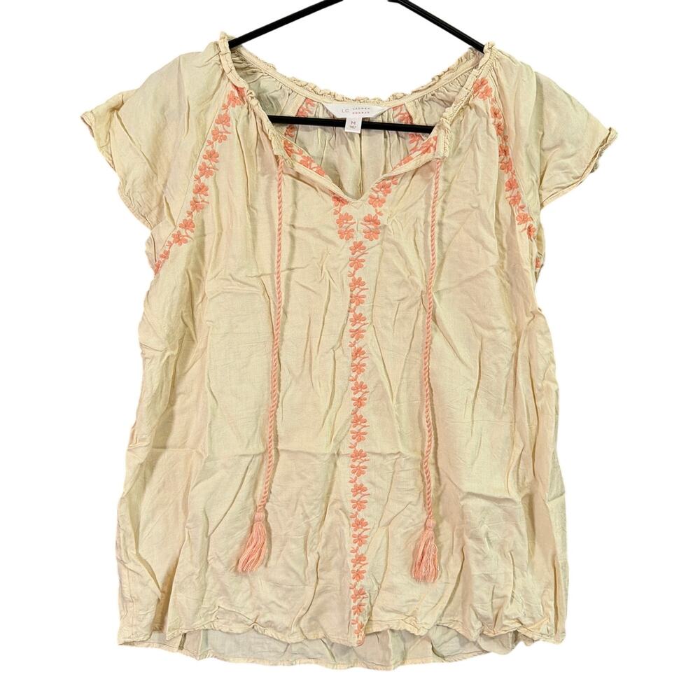 LC Lauren Conrad Womens Blouse Pale Yellow Pink V Neck Embroidered Floral Tie M